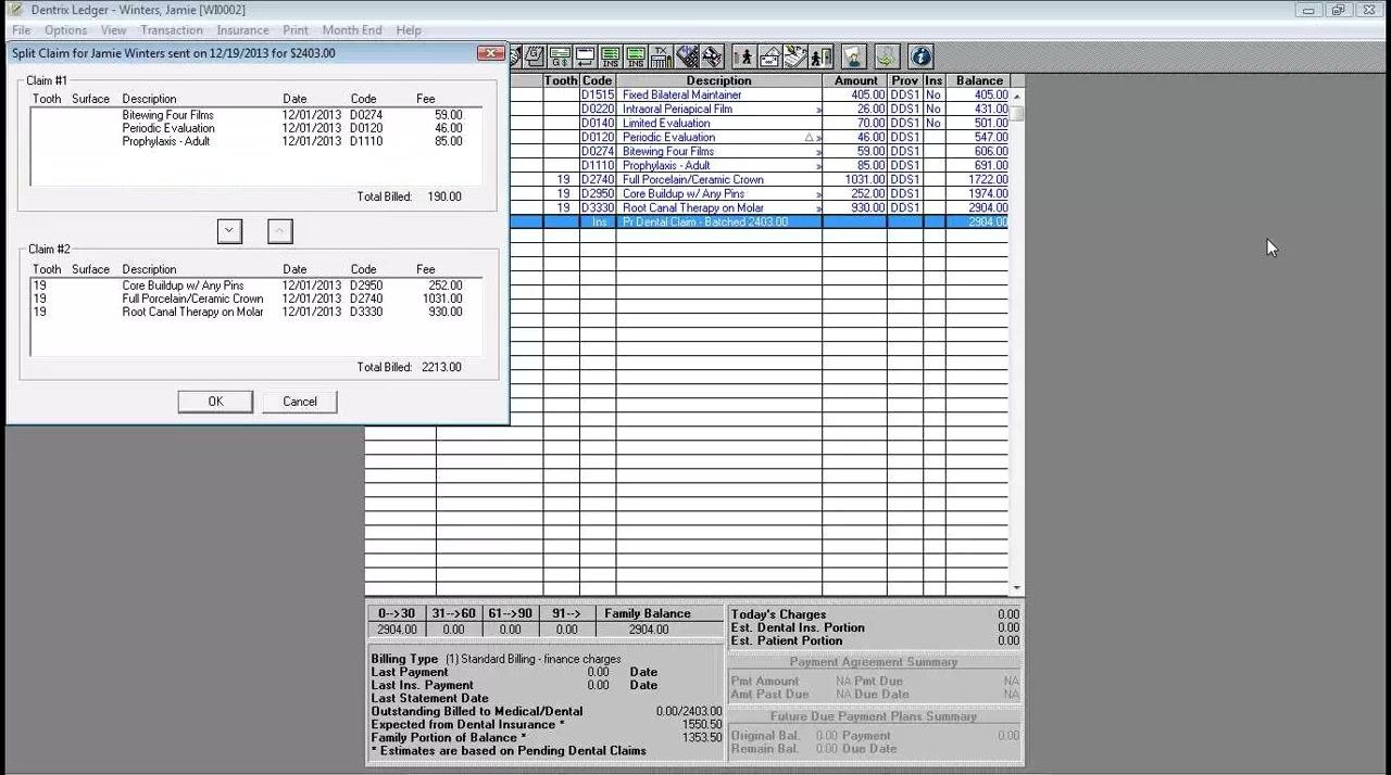 Split Claim dialog box with some procedures moved to Claim #2, showing updated totals for each claim