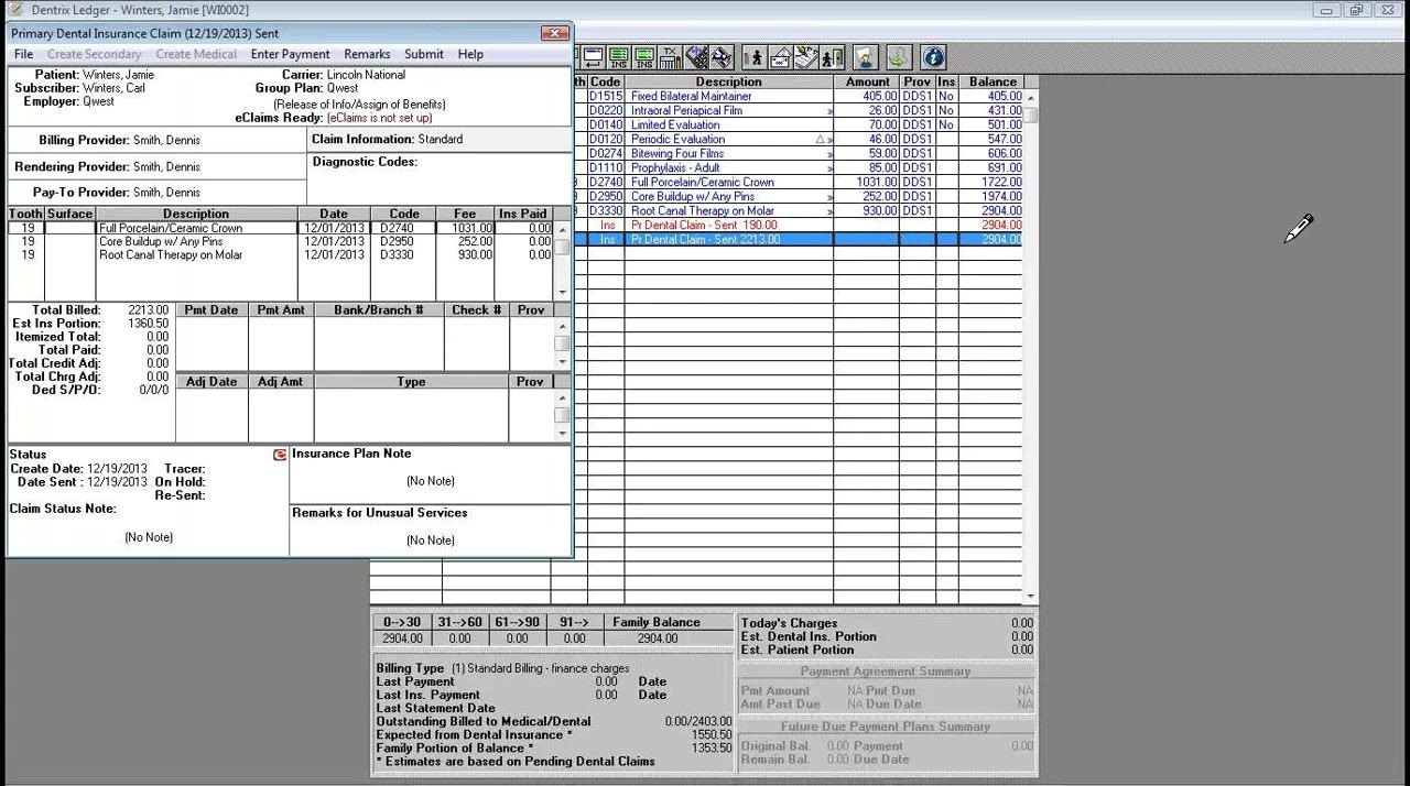 Dentrix Ledger showing two split claims for Jamie Winters, with claim details and amounts visible