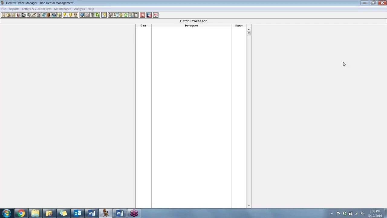 Dentrix Office Manager main screen showing the Batch Processor window, toolbar icons, and menu bar, with no actions yet performed.