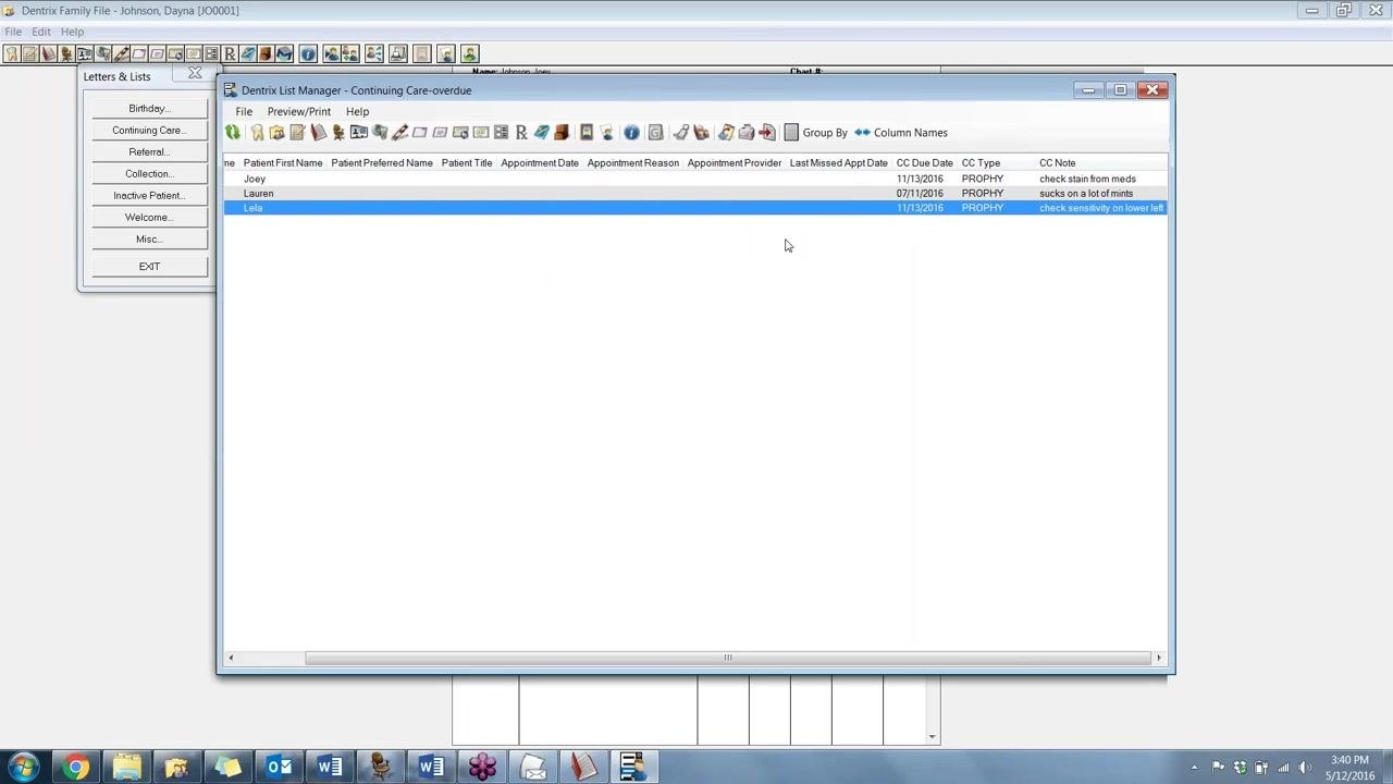 Dentrix List Manager window showing the patient list with CC Notes, highlighting personalized notes for each patient.