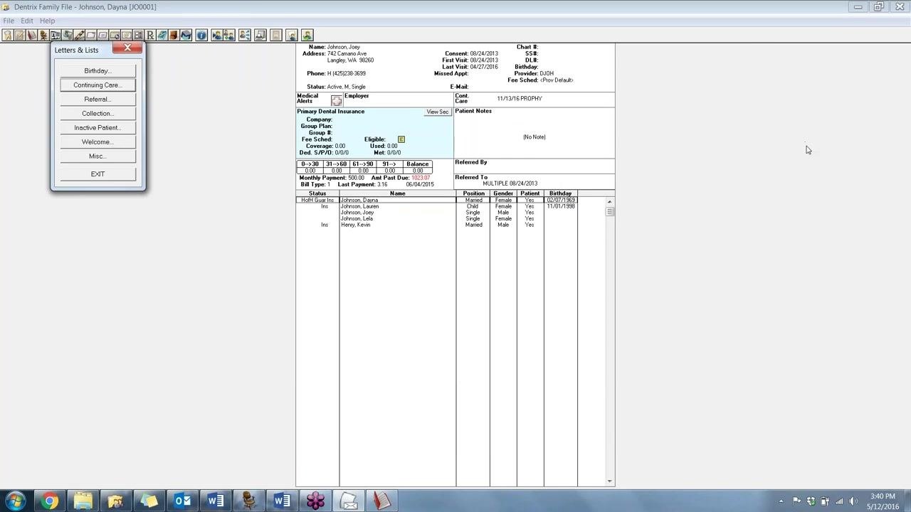 Dentrix Family File window for patient Joey Johnson, showing address, contact info, insurance, payment status, and family members.
