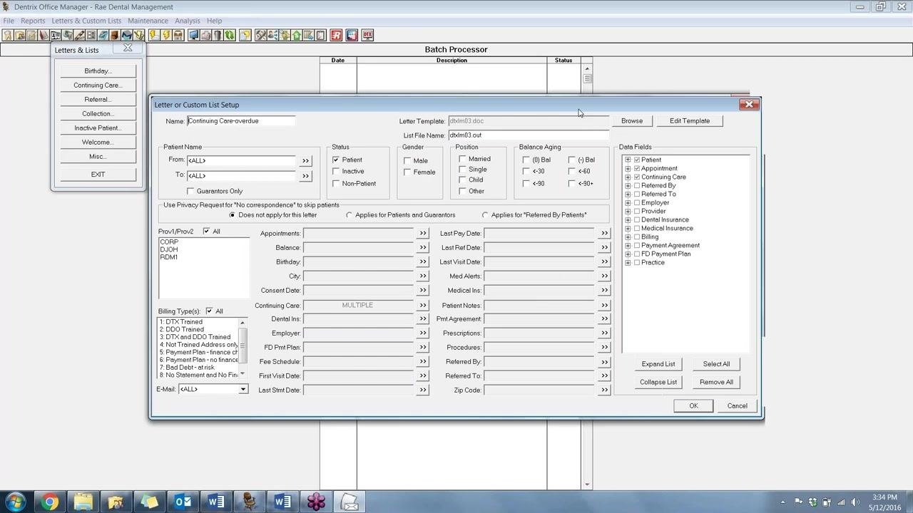 Continuing Care Letters & Custom Lists dialog showing several list options, including "Continuing Care-overdue" selected, with Edit, New, and Delete buttons.