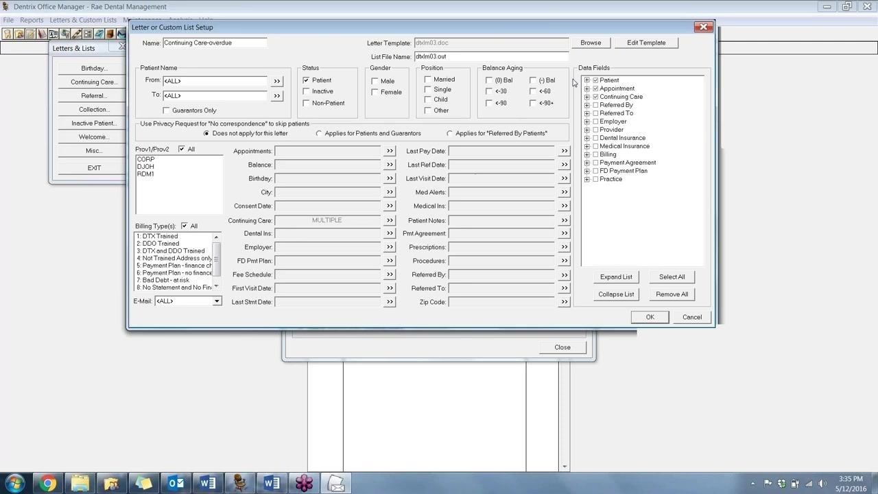 Letter or Custom List Setup window with the Data Fields section expanded, showing checkboxes for Patient information such as Last Name, First Name, and Preferred Name.