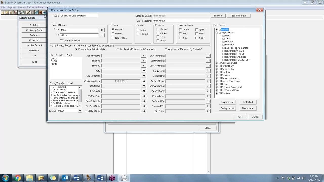 Letter or Custom List Setup window with Appointment data fields selected: Date, Reason, Provider, and Last Missed Appt Date.