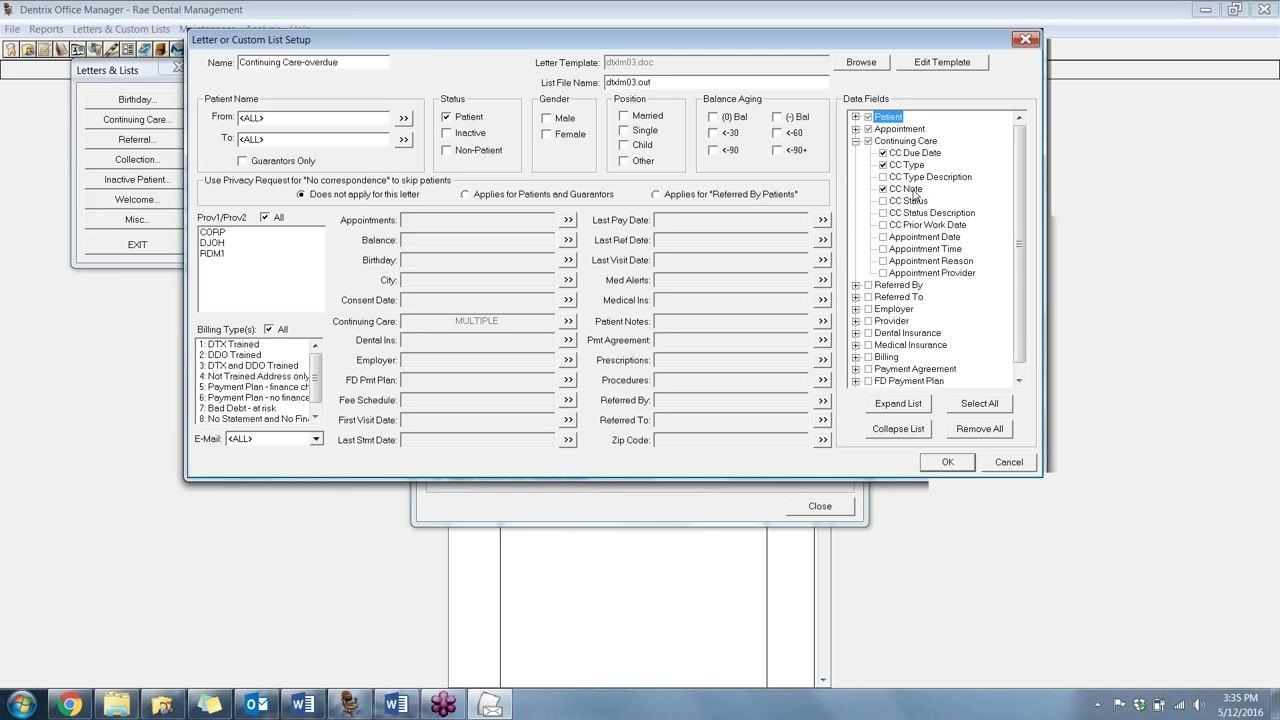 Letter or Custom List Setup window with Continuing Care data fields selected: CC Due Date, CC Type, and CC Note.
