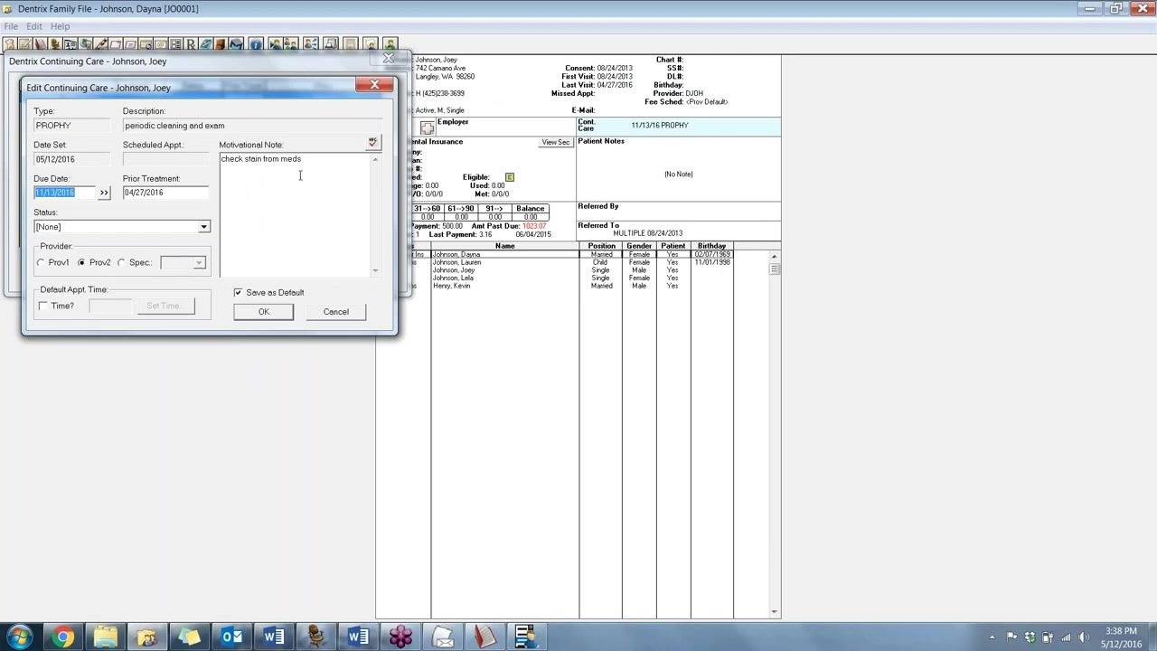 Dentrix List Manager Continuing Care Overdue report showing three patients, with empty appointment columns and populated CC Due Date, CC Type (PROPHY), and CC Note columns.