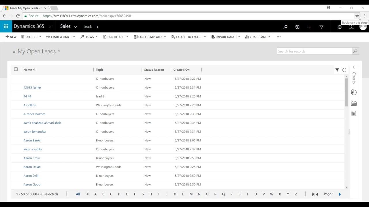 Dynamics 365 "My Open Leads" view listing leads with columns for Name, Topic, Status Reason, and Created On. The top navigation bar shows options including Sales, Leads, New, Delete, Email a Link, Flows, Run Report, Excel Templates, Export to Excel, Import Data, and Chart Pane.