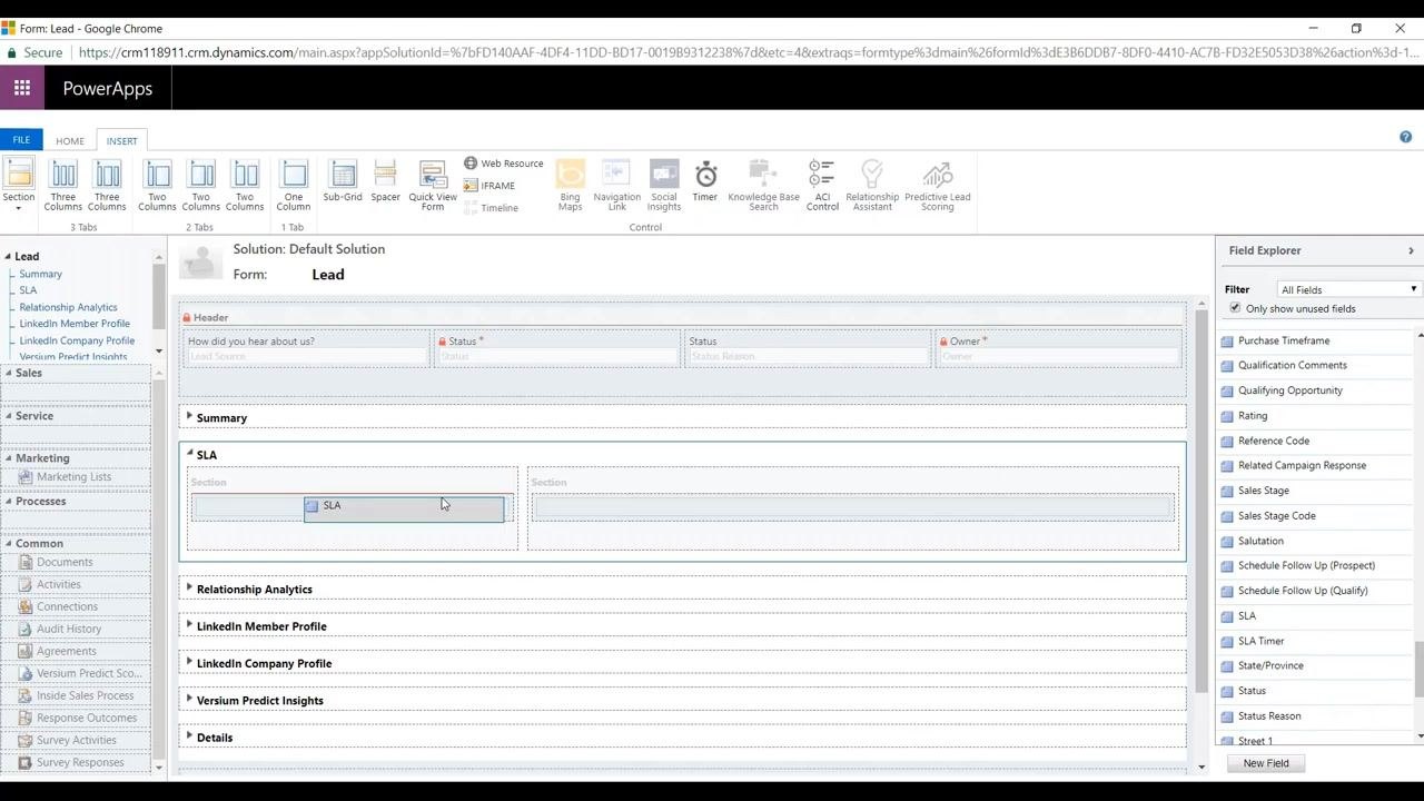 Lead form editor with the SLA field added to the SLA section. The cursor shows the field being placed in the section.