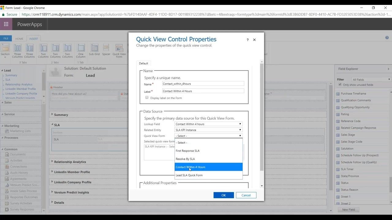 Quick View Control Properties window in PowerApps with Name set to Contact_within_4hours, Label set to Contact Within 4 Hours, Lookup Field set to Contact Within 4 hours, Related Entity set to SLA KPI Instance, and Quick View Form being selected as Contact Within 4 Hours.