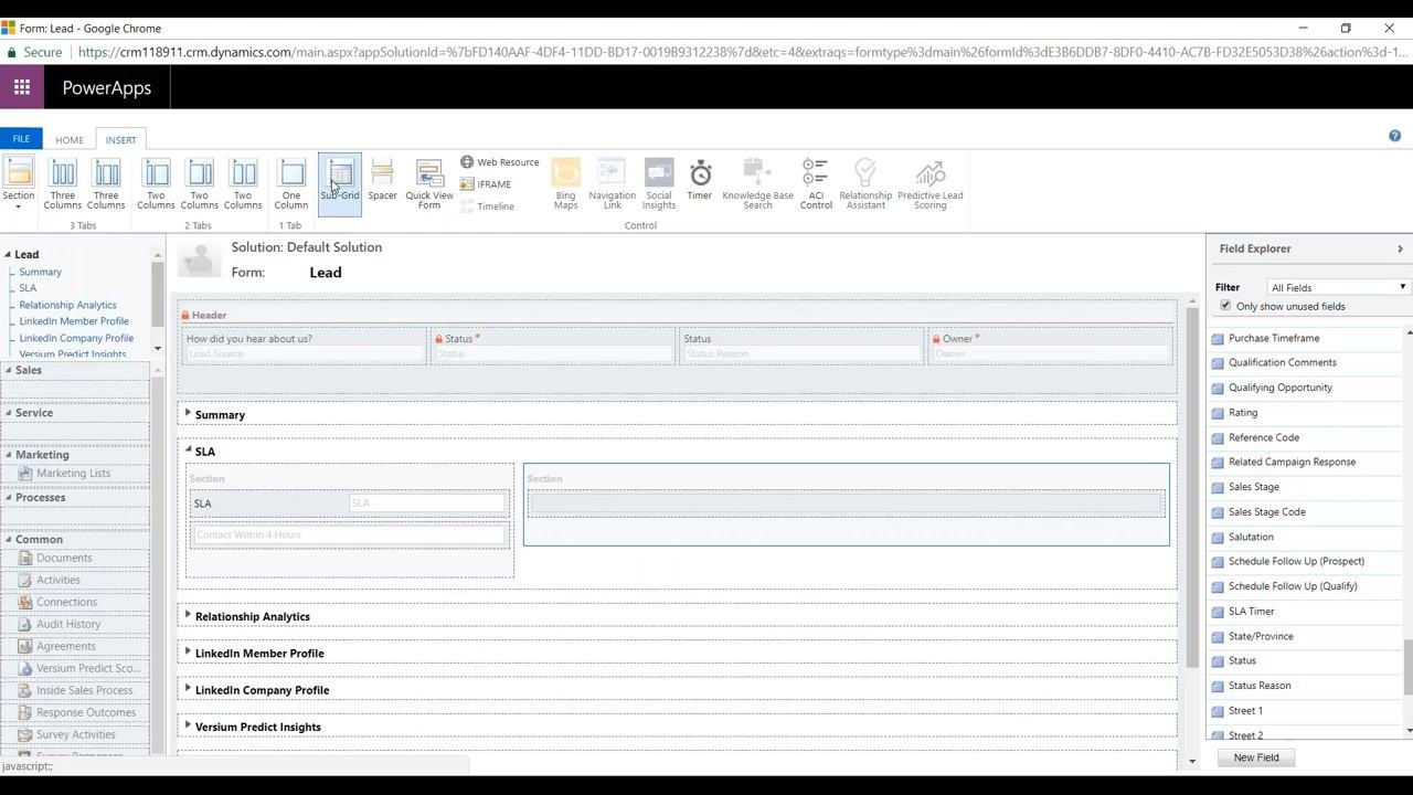 Set Properties dialog in PowerApps showing configuration options for the subgrid, including Name, Label, Entity, and Default View, with the Entity dropdown expanded to show a list of available entities.