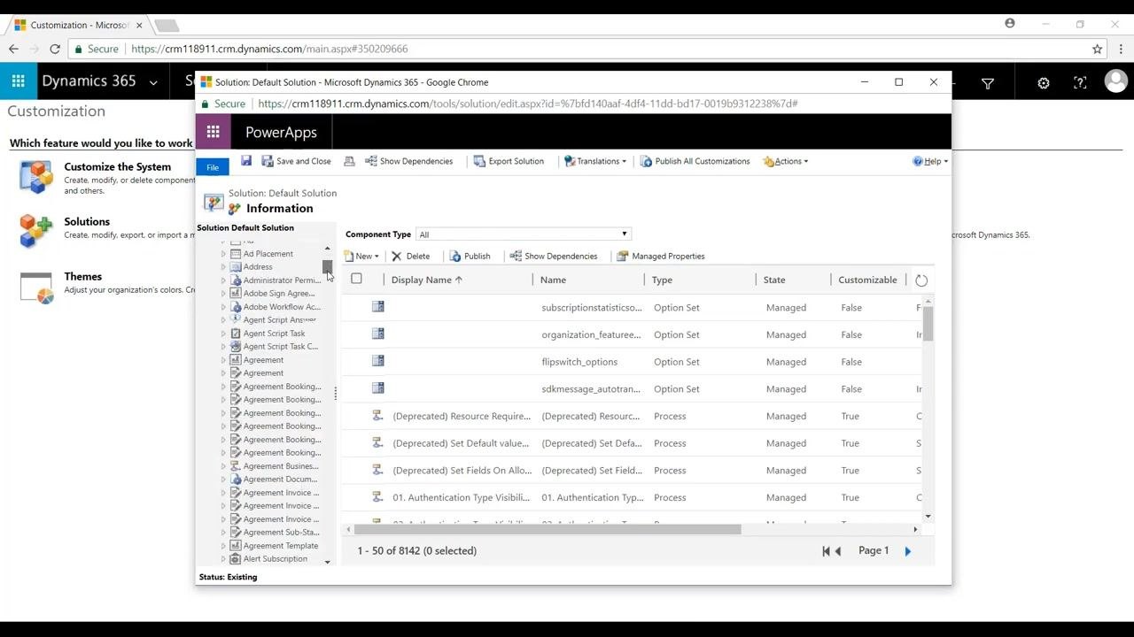 Dynamics 365 Settings menu expanded, showing Customizations, Solutions, Microsoft AppSource, and Plug-In Trace Log under Customization, with the cursor pointing to Customizations.