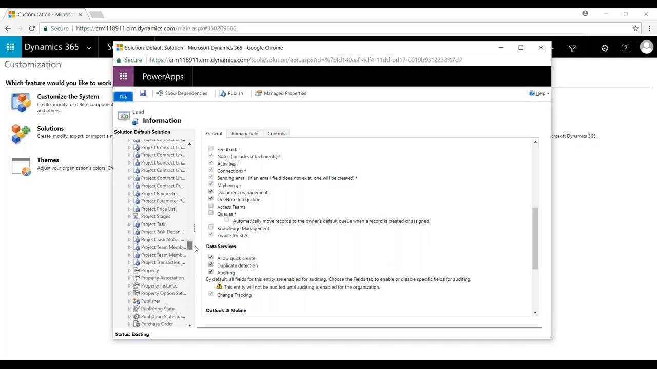 PowerApps editor showing the Lead entity properties with the "Enable for SLA" checkbox visible and checked. Other visible options include Feedback, Notes, Activities, Connections, Mail merge, Document management, OneNote Integration, Access Teams, Queues, Knowledge Management, and Data Services.