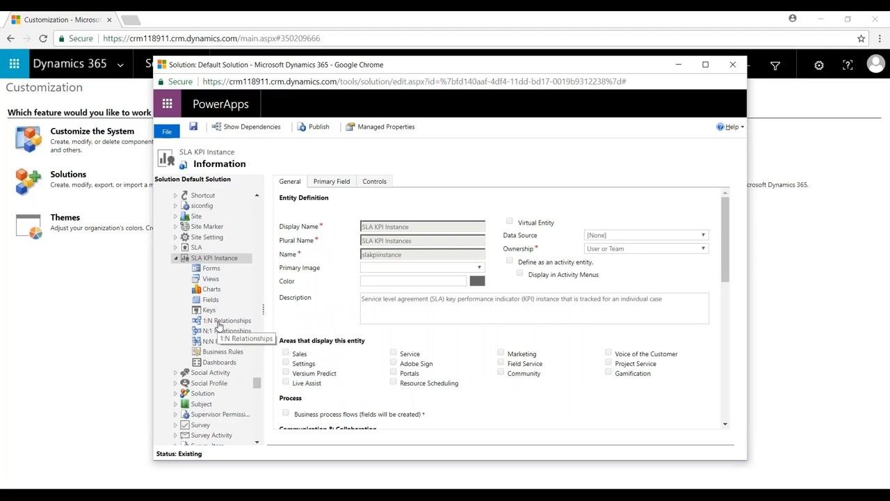 PowerApps editor showing the SLA KPI Instance entity with the 1:N Relationships option selected. The main pane displays the entity definition, including Display Name, Plural Name, Name, and Description fields.