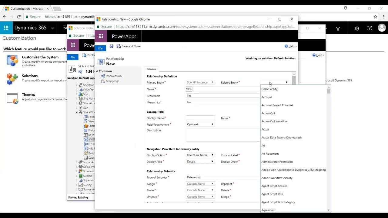 PowerApps Relationship Definition window for creating a new 1:N relationship, with Primary Entity set to SLA KPI Instance, Related Entity being set to Lead, and fields for Name, Display Name, and other options visible.