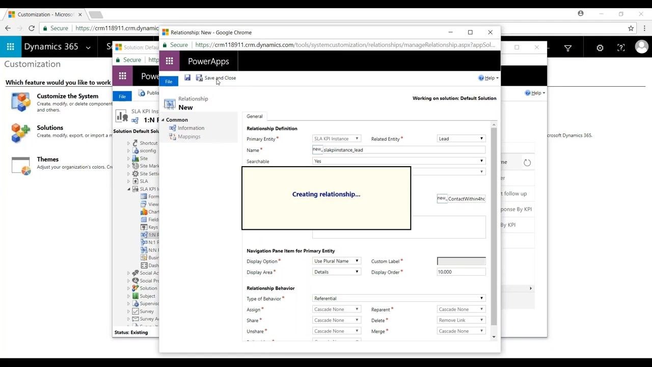 PowerApps window displaying the "Creating relationship..." message while the new 1:N relationship between SLA KPI Instance and Lead is being created.