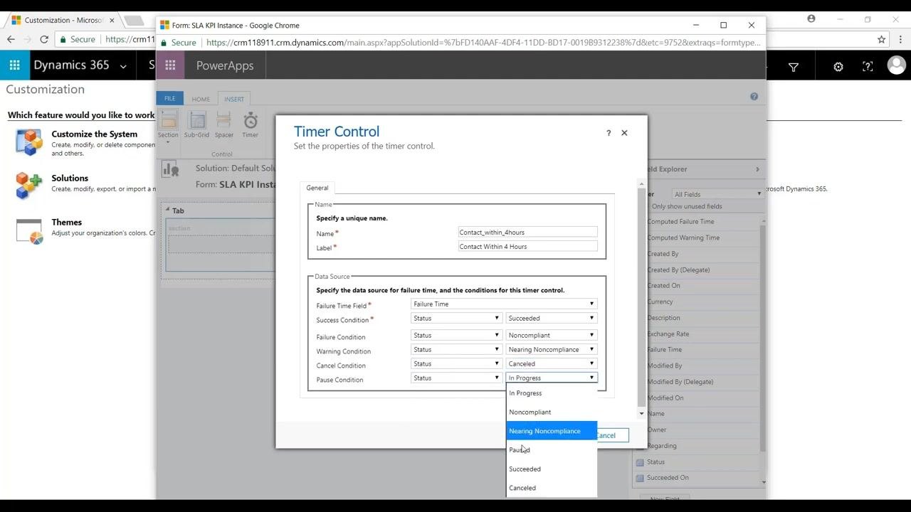 Timer Control configuration window in PowerApps with Name set to Contact_within_4hours, Label set to Contact Within 4 Hours, and dropdowns for Failure Time Field, Success Condition, Failure Condition, Warning Condition, Cancel Condition, and Pause Condition.