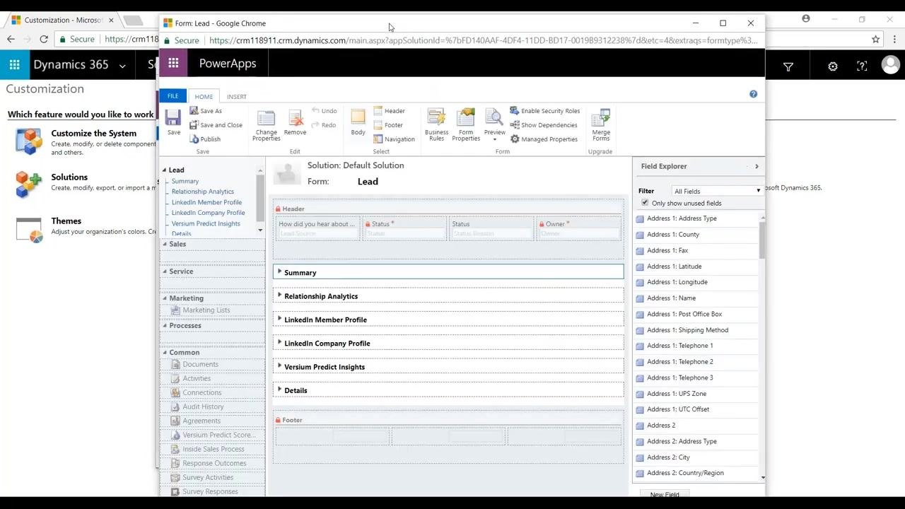 PowerApps editor showing the Lead form with sections such as Summary, Relationship Analytics, LinkedIn Member Profile, LinkedIn Company Profile, Versium Predict Insights, and Details. The Field Explorer is visible on the right.