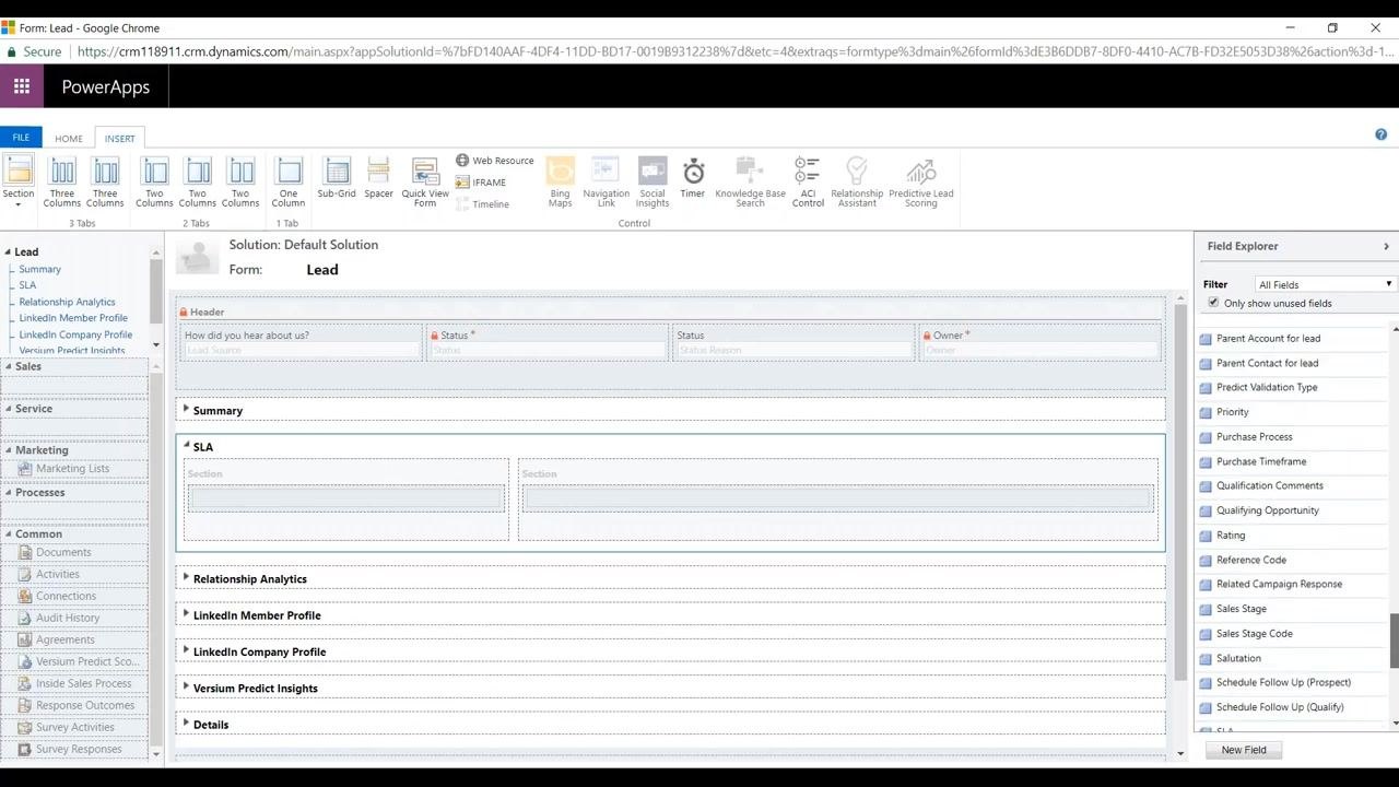 Lead form editor in PowerApps with a new section labeled SLA added to the layout. The section is empty and ready for configuration.