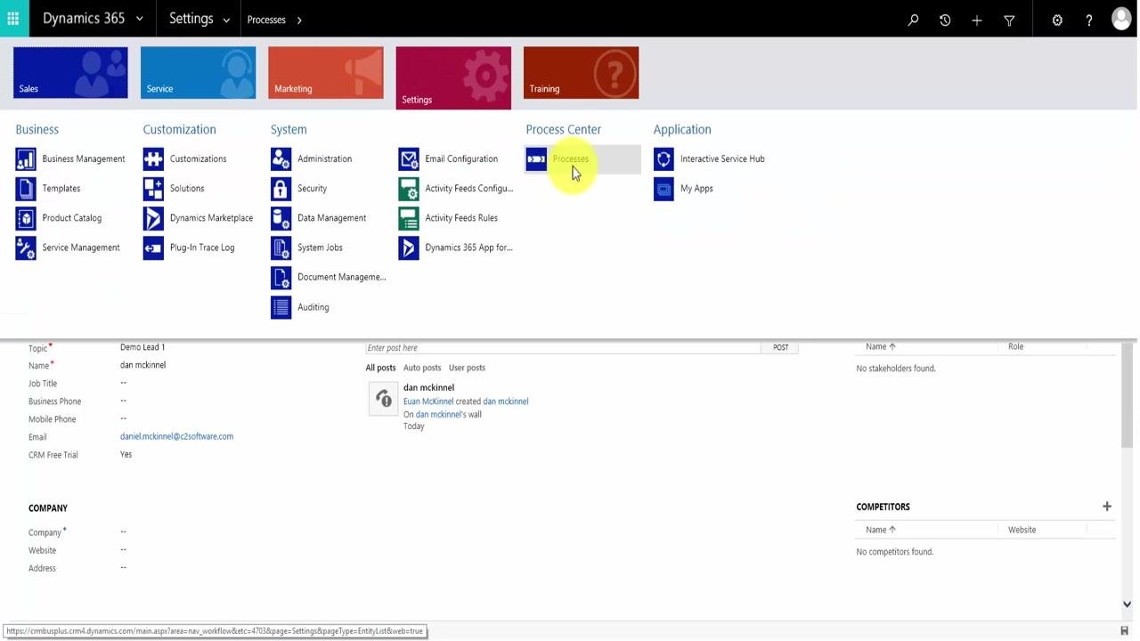 Dynamics 365 Settings area with Process Center highlighted and Processes selected