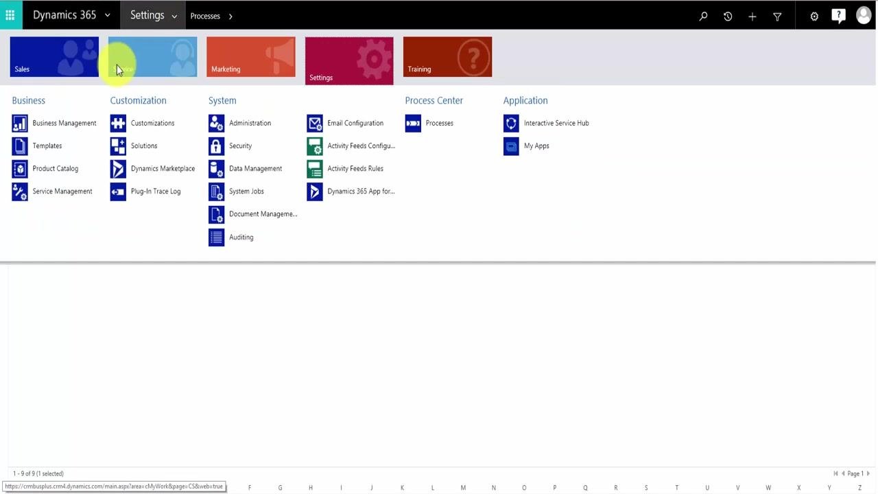 Dynamics 365 dashboard with Sales, Marketing, Settings, and Training tiles, cursor on Sales
