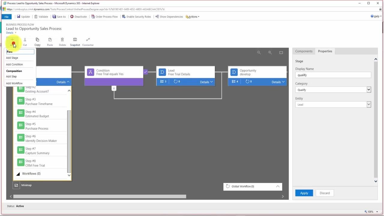 Process designer with the "Add Workflow" menu open on a stage