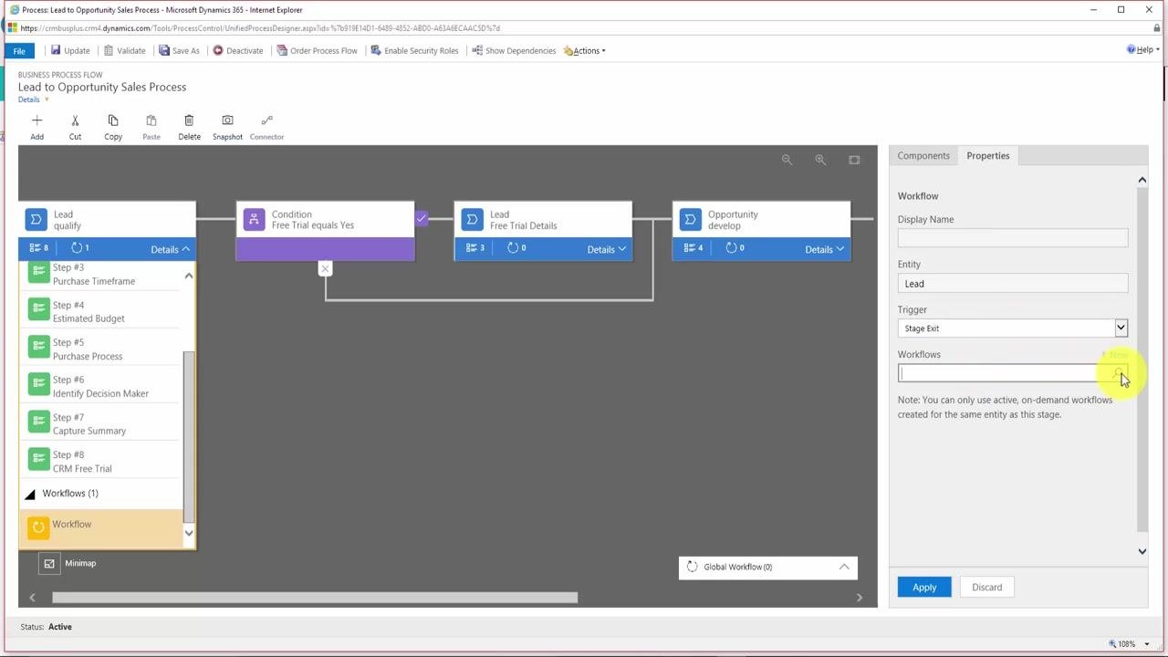 Workflows section in the process designer, showing no workflow selected yet