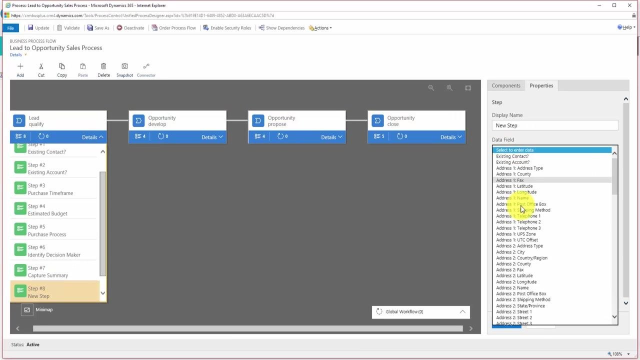 Step properties panel with CRM Free Trial selected as Data Field, Required checked, and Apply button visible
