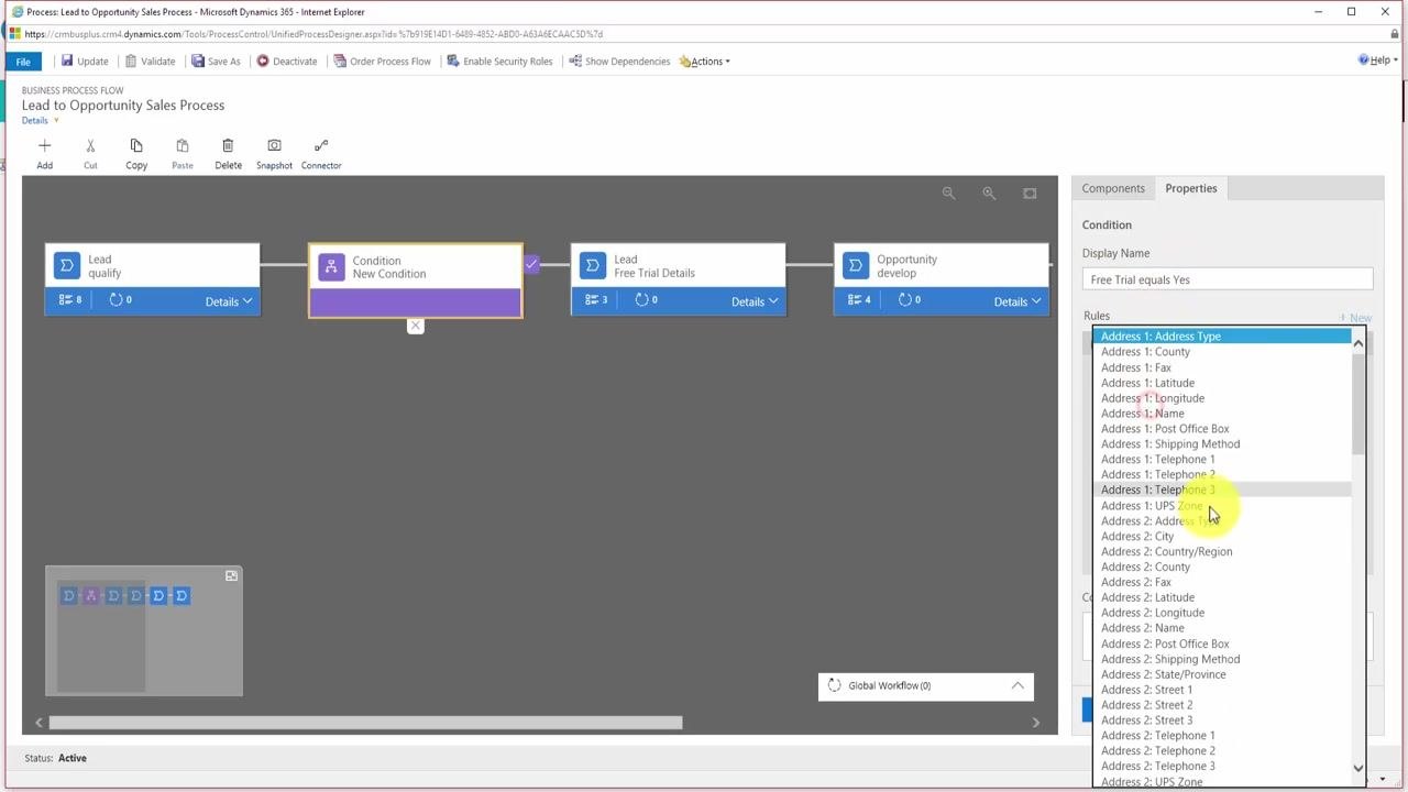 Condition block labeled "Free Trial equals Yes," with CRM Free Trial field, Equals operator, and Yes value selected