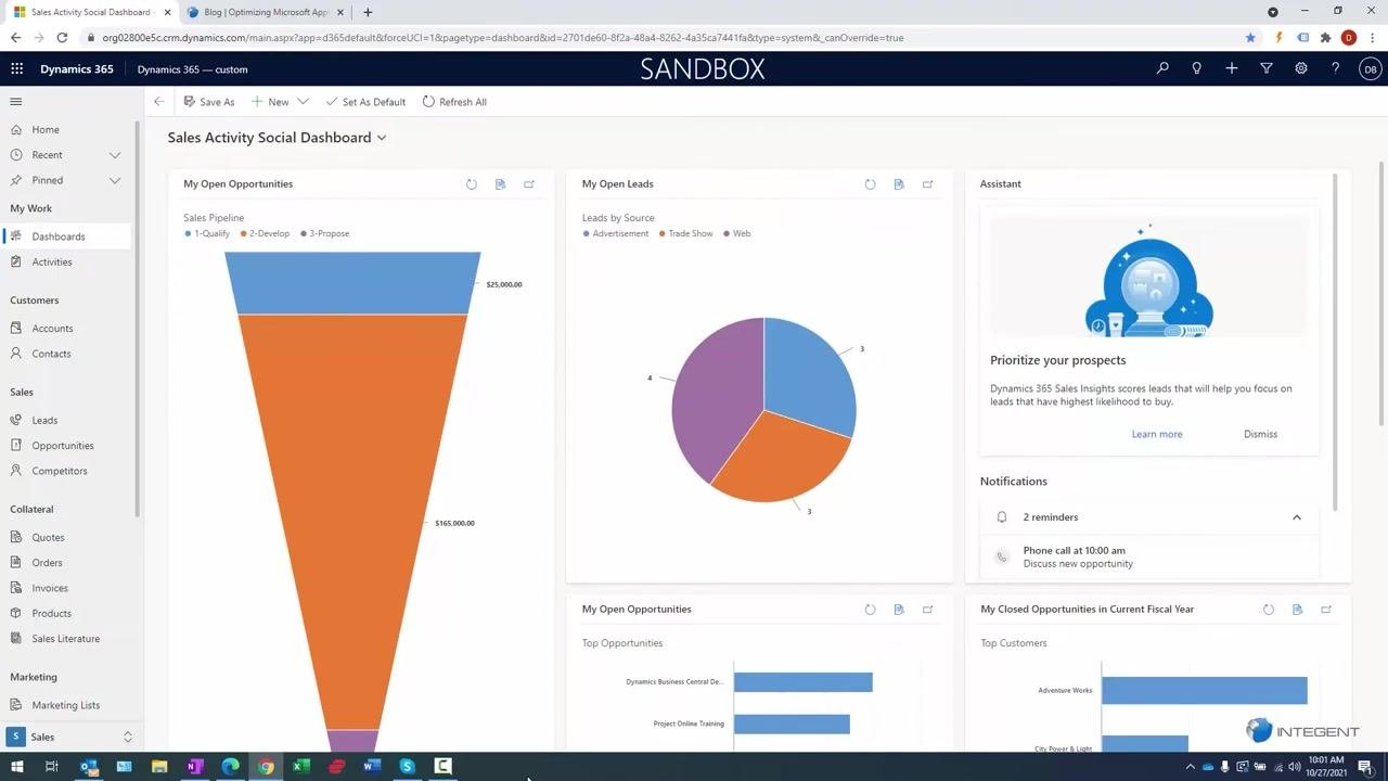 Dynamics 365 dashboard with sales funnel, pie chart, and assistant panel visible