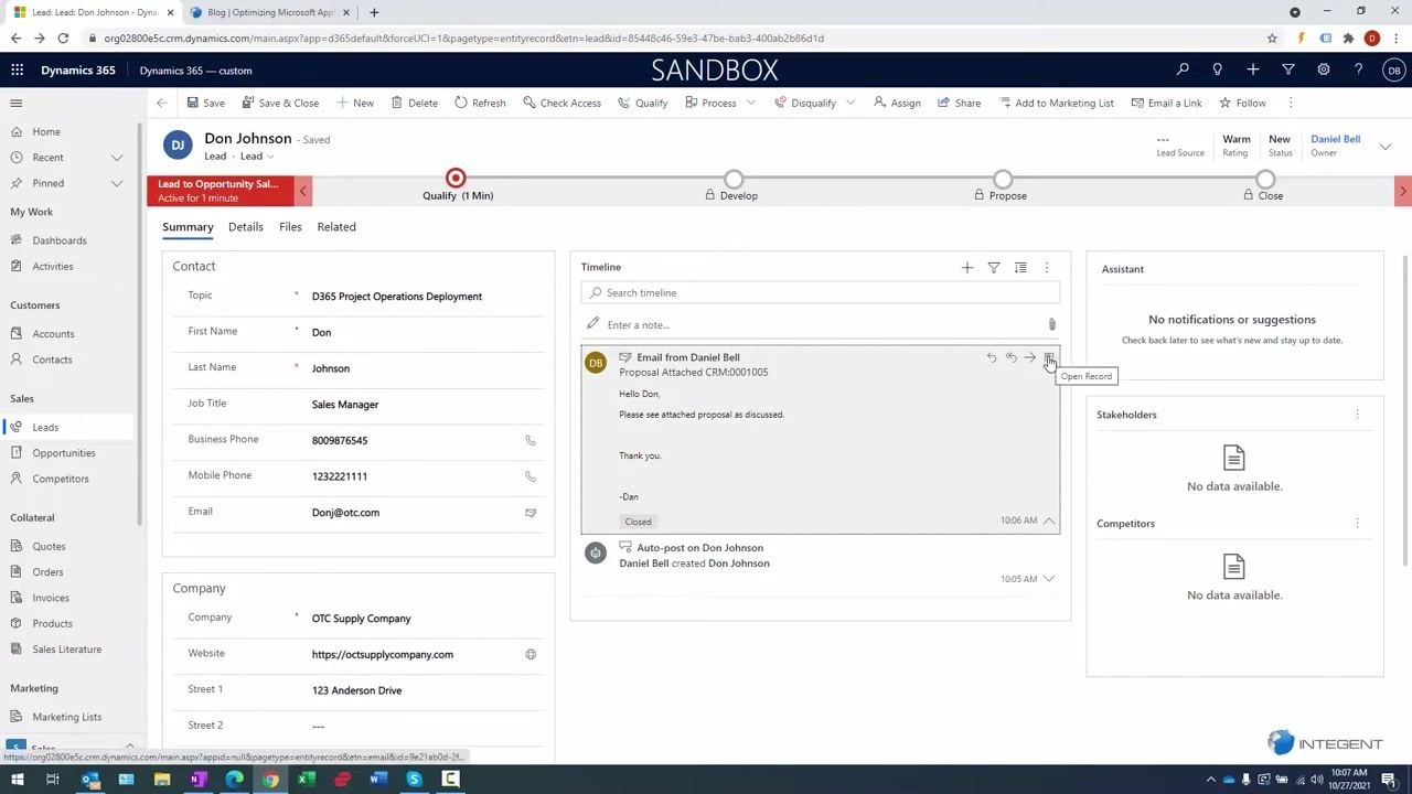Lead record timeline with the Open Record icon highlighted next to the sent email activity