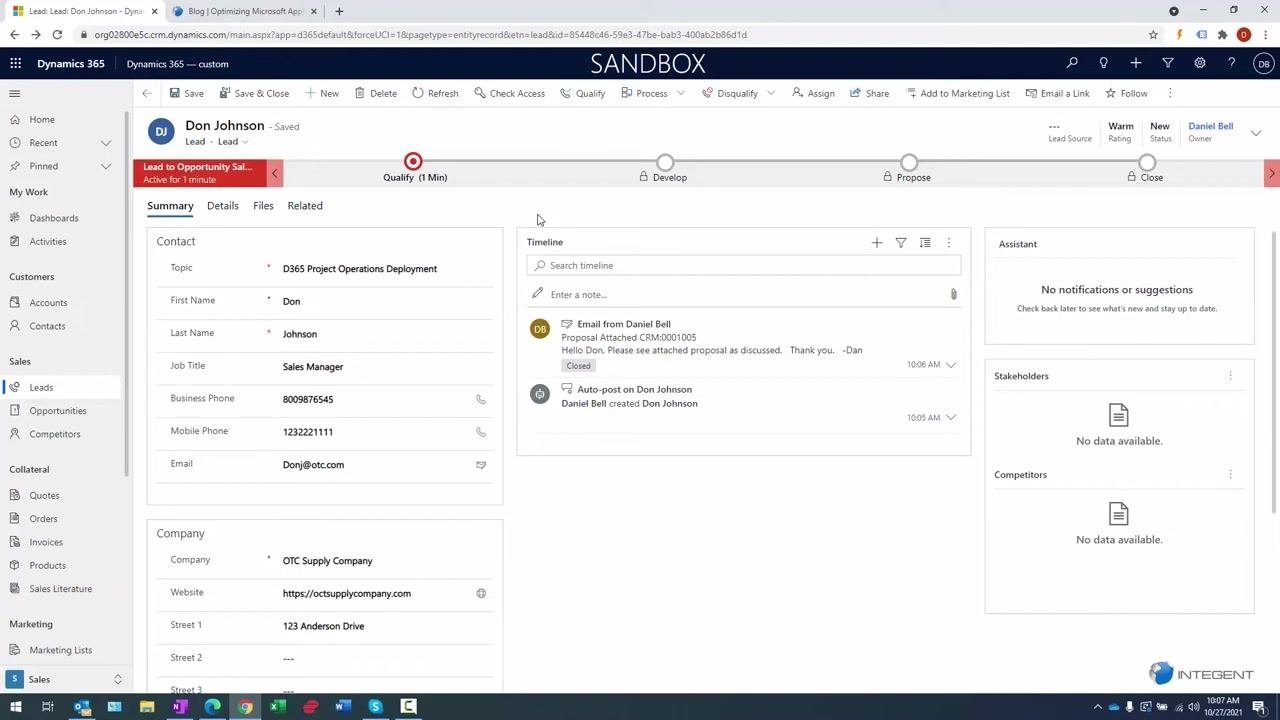 Lead record showing qualification stage and detailed contact and company information