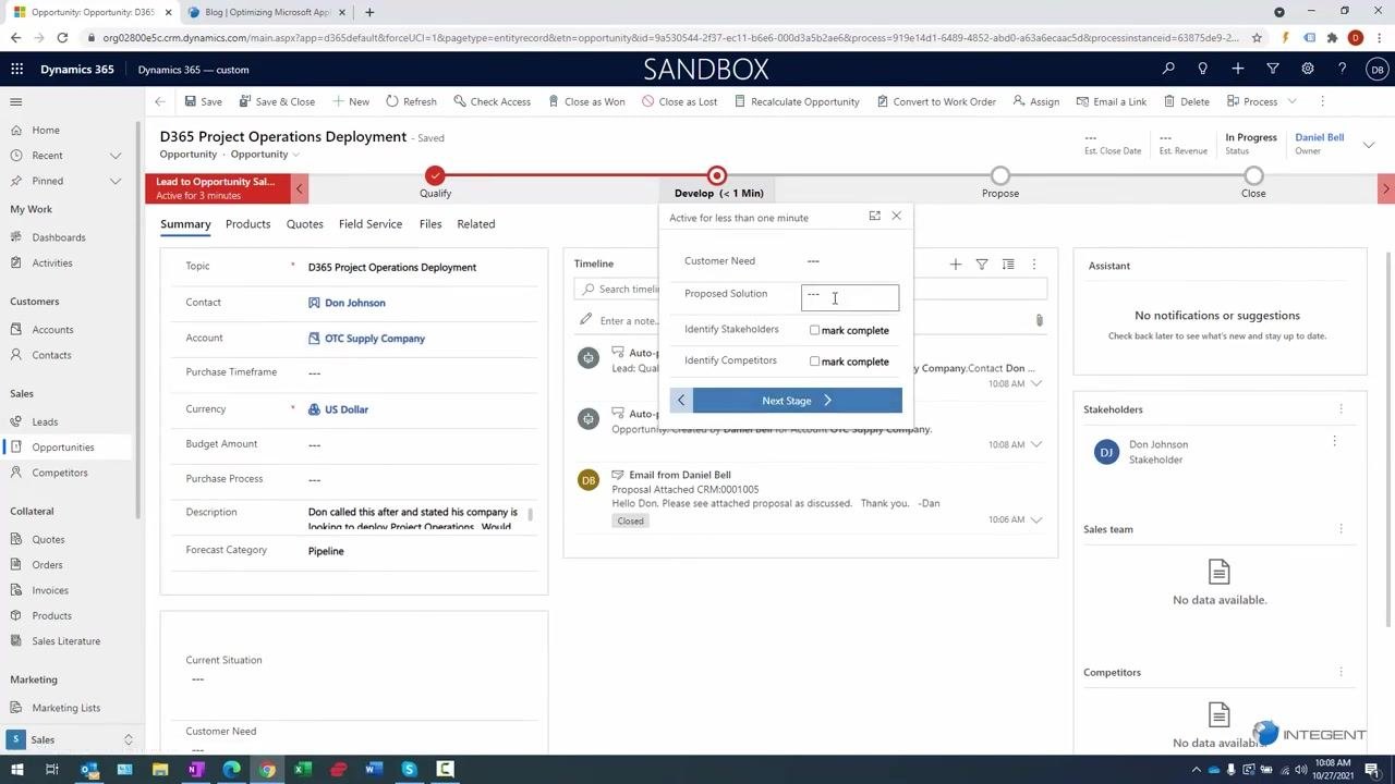 Develop stage pop-up with fields for Customer Need, Proposed Solution, and completion checkboxes