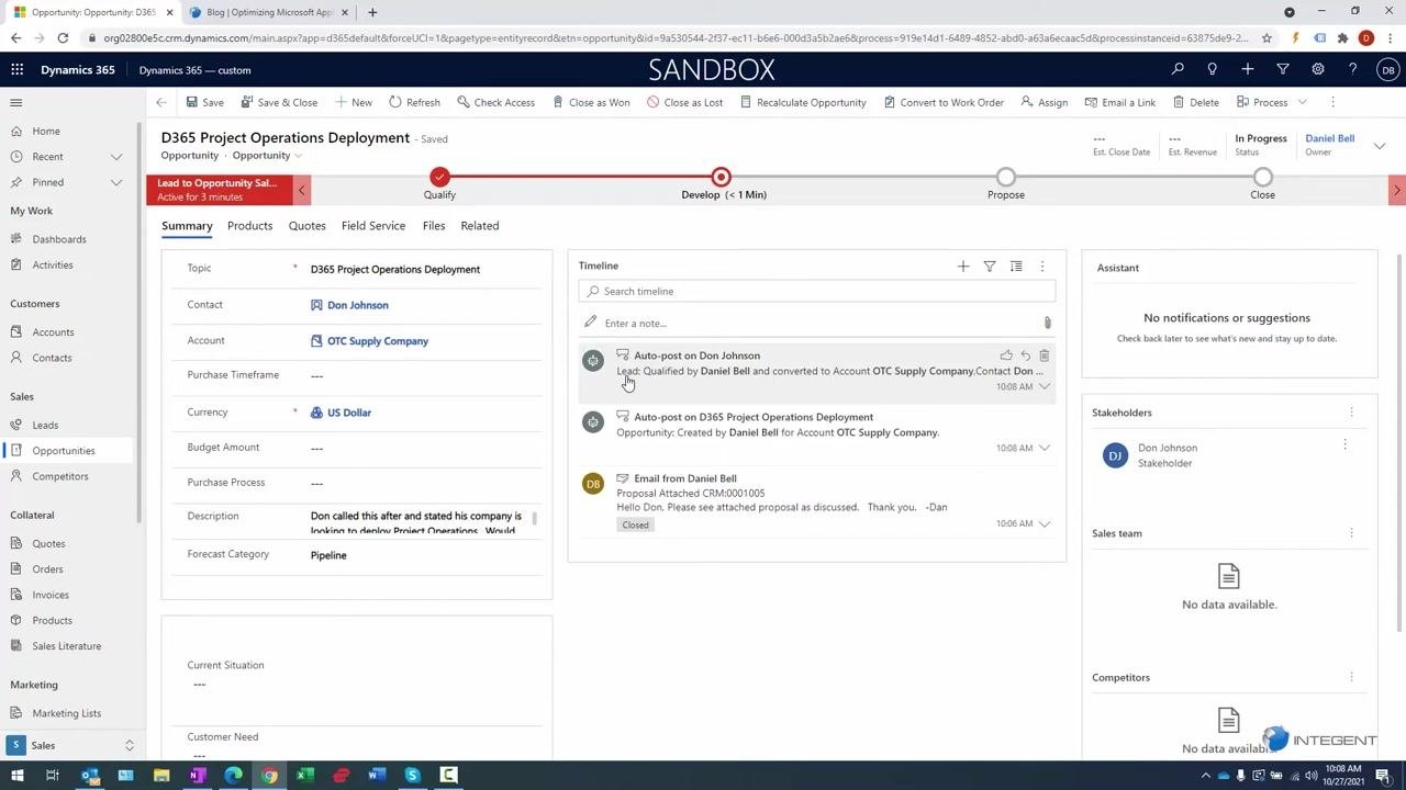 Opportunity timeline showing auto-posts and email activity