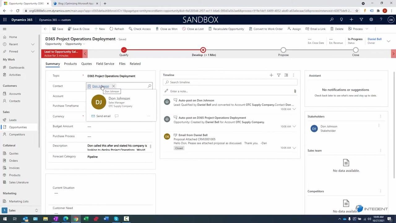 Full contact record with timeline and company and opportunity links