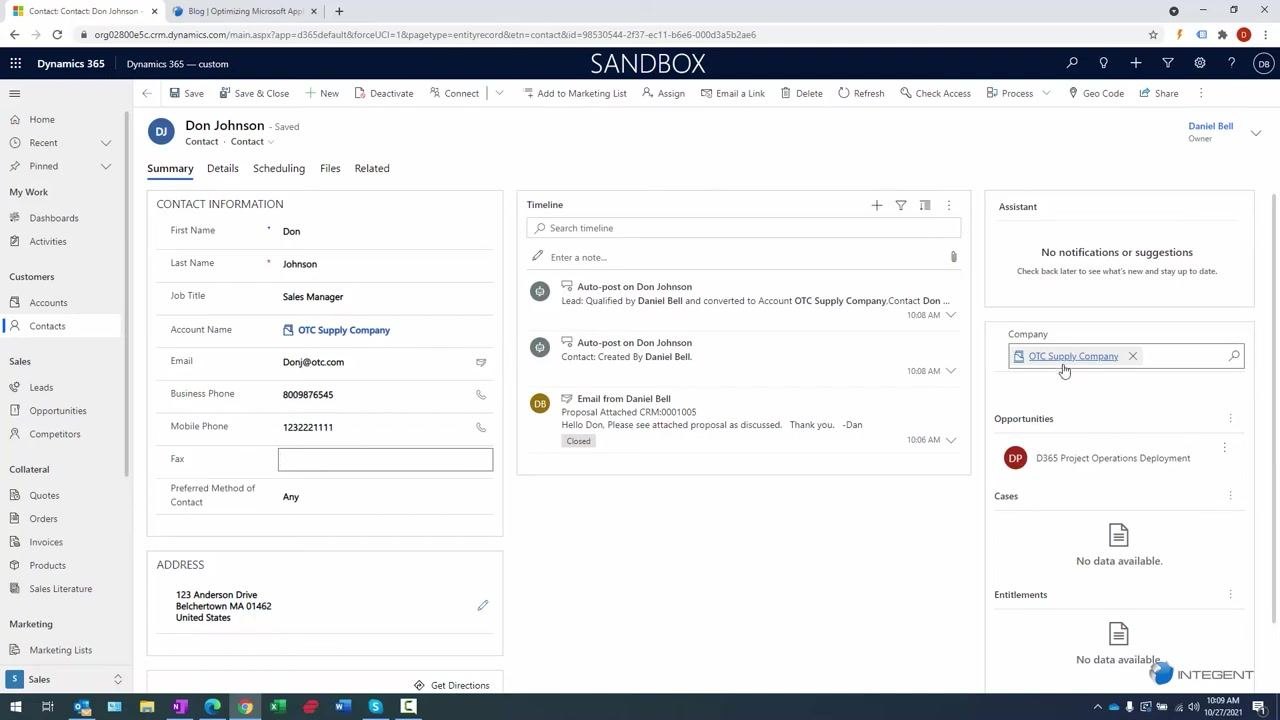 Contact record showing company and opportunity association