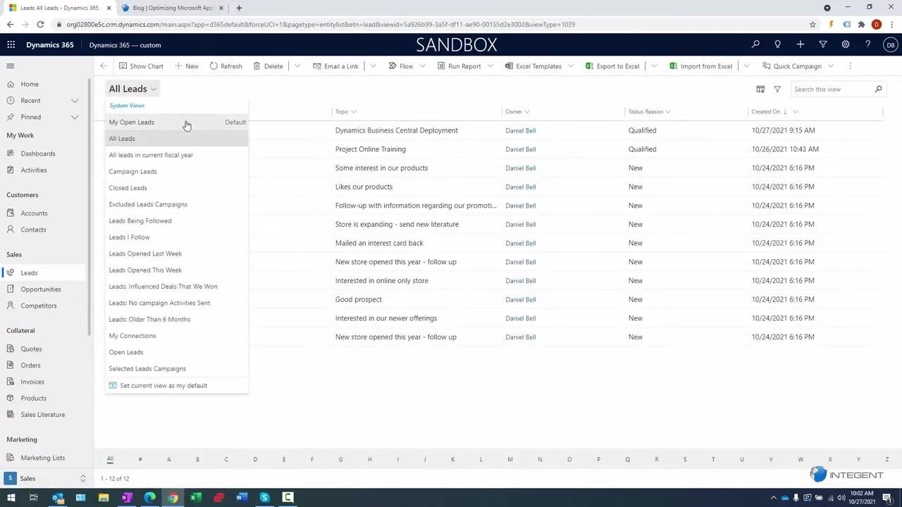 Leads section selected, showing a list of open leads with names, topics, and status