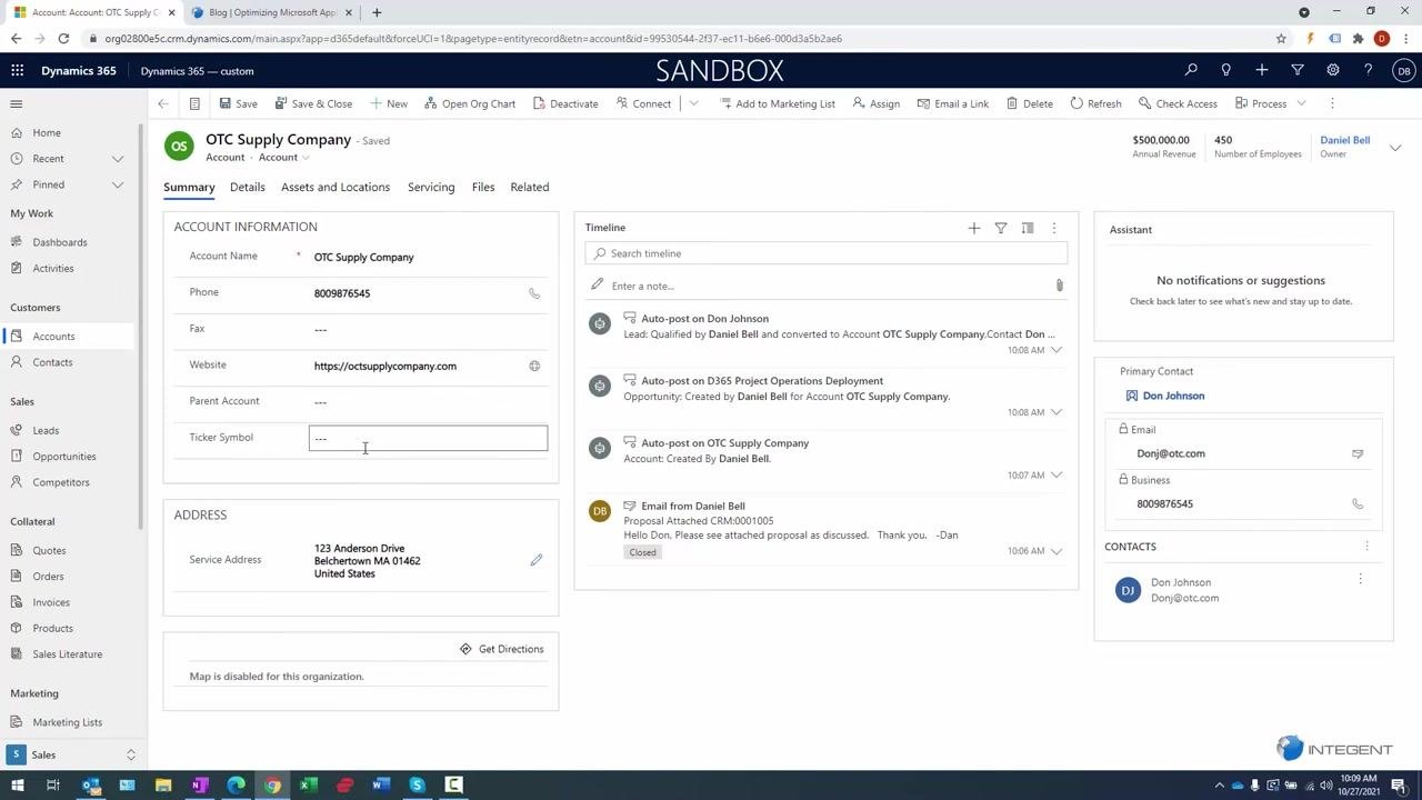 Account record with account info, timeline, and contact details