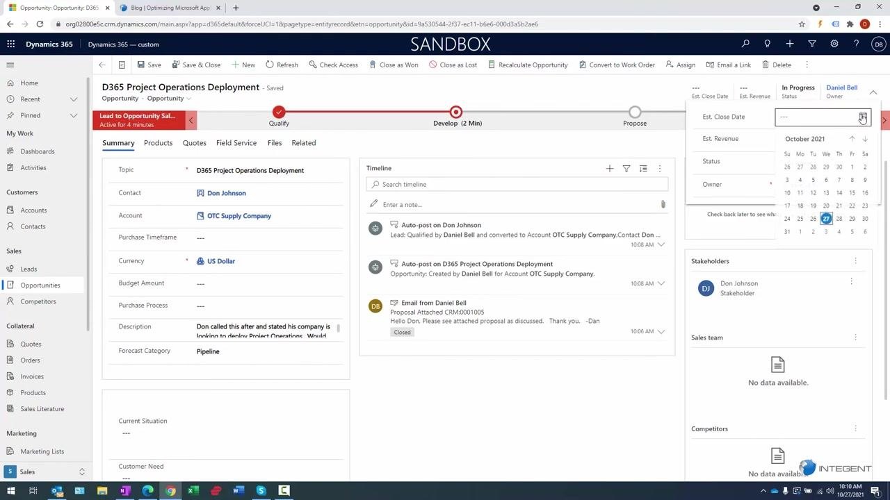 Opportunity record with date picker open for the estimated close date