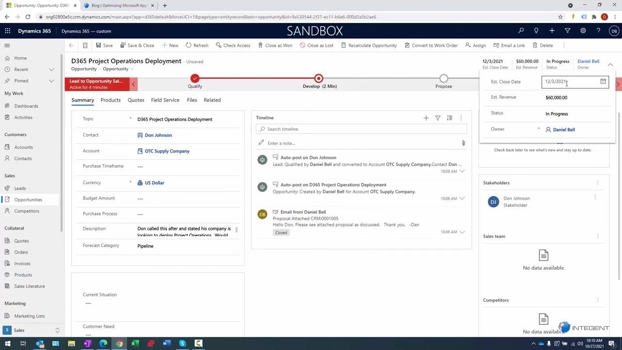 Opportunity record with estimated close date and revenue filled in