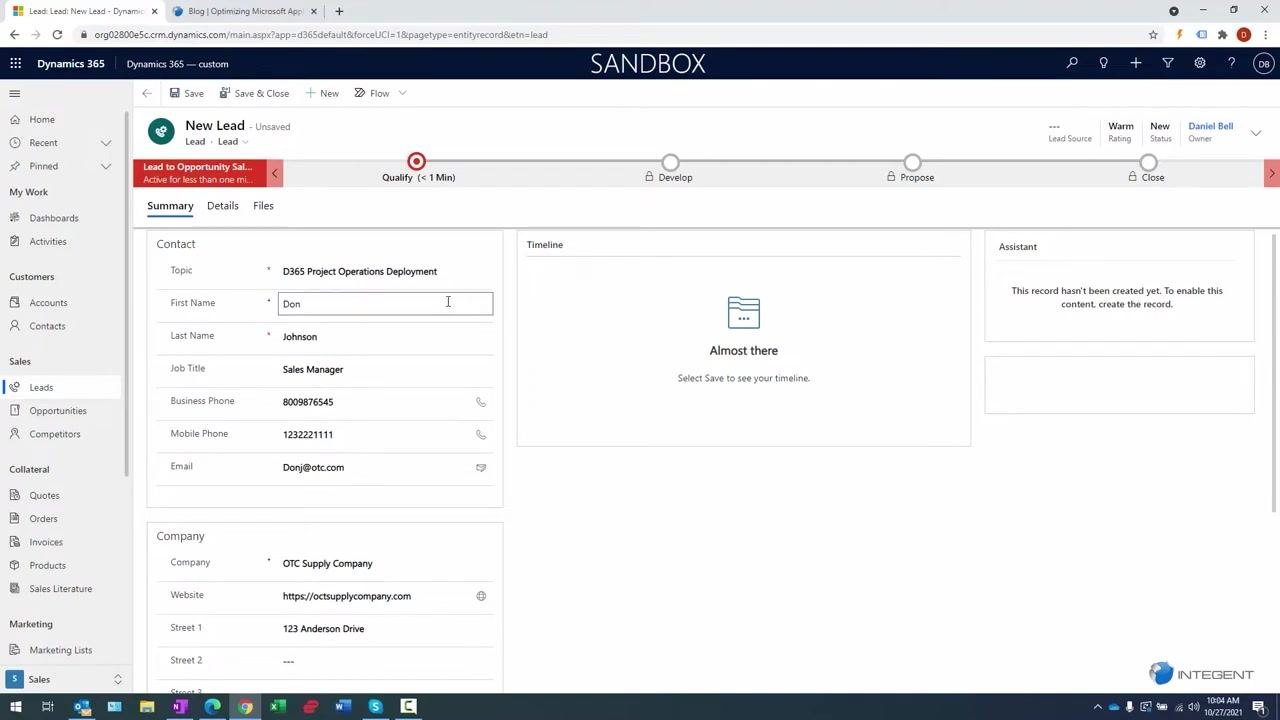New Lead form with all contact and company information fields filled out, including name, title, phone numbers, email, company name, website, address, state, ZIP, and country