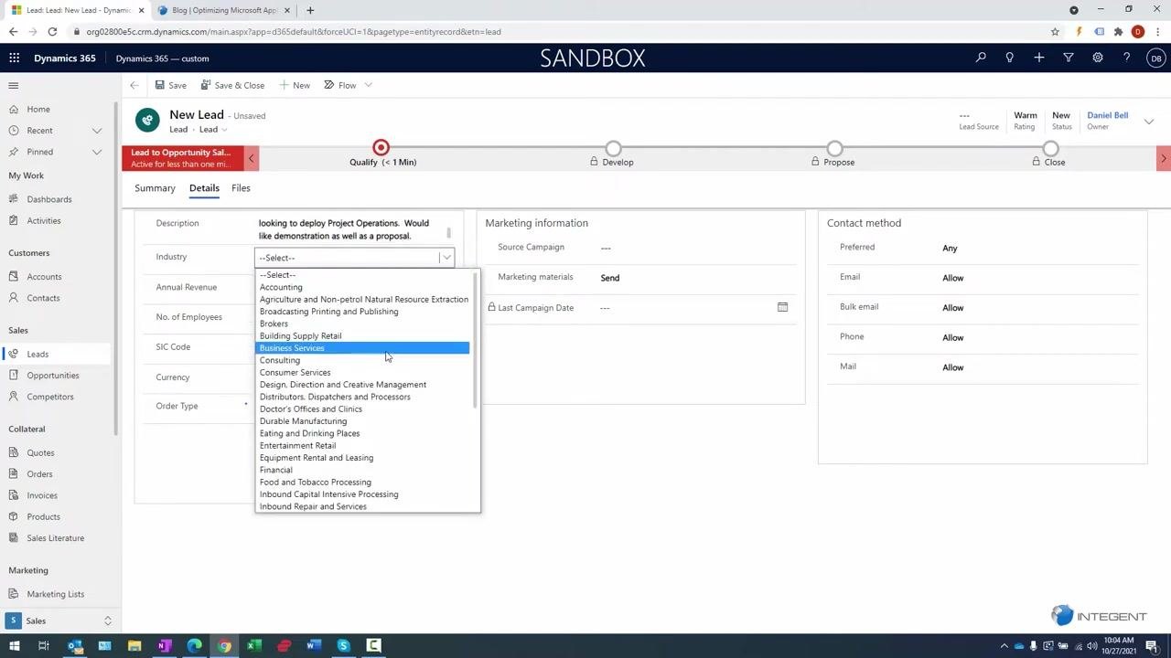 Details tab selected with description field being filled out, summarizing the lead's inquiry and request