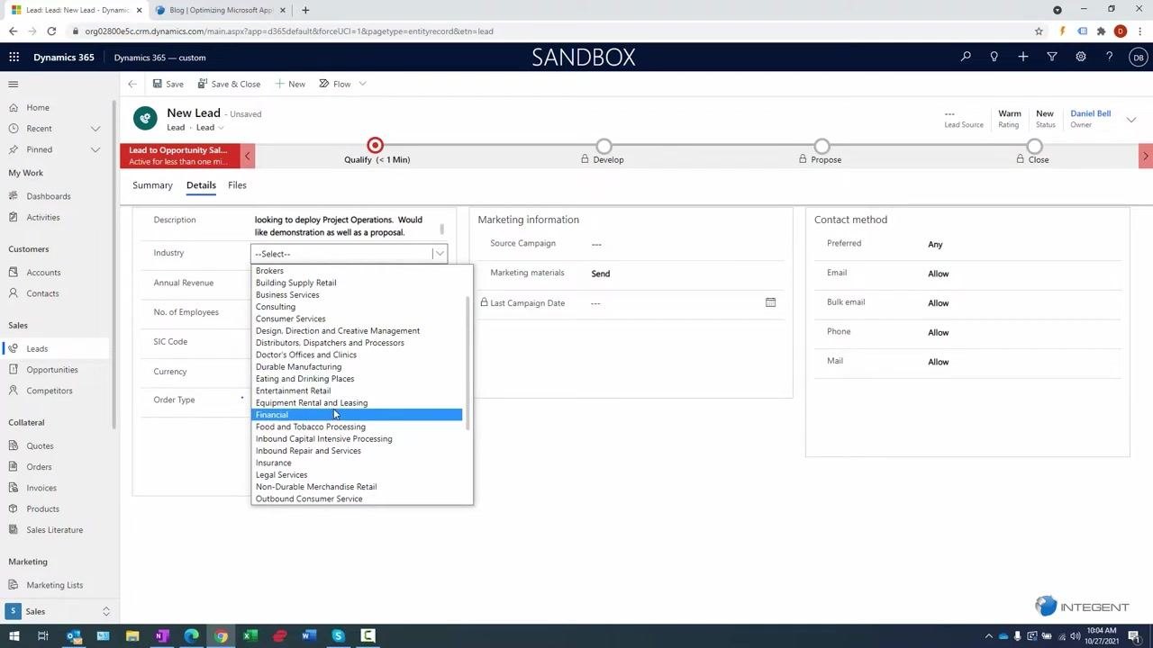 Details tab with annual revenue, number of employees, and industry fields filled in