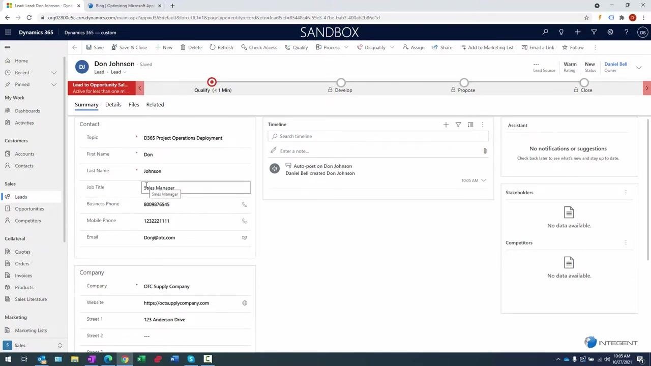Lead record saved with all details, campaign info, and contact methods visible