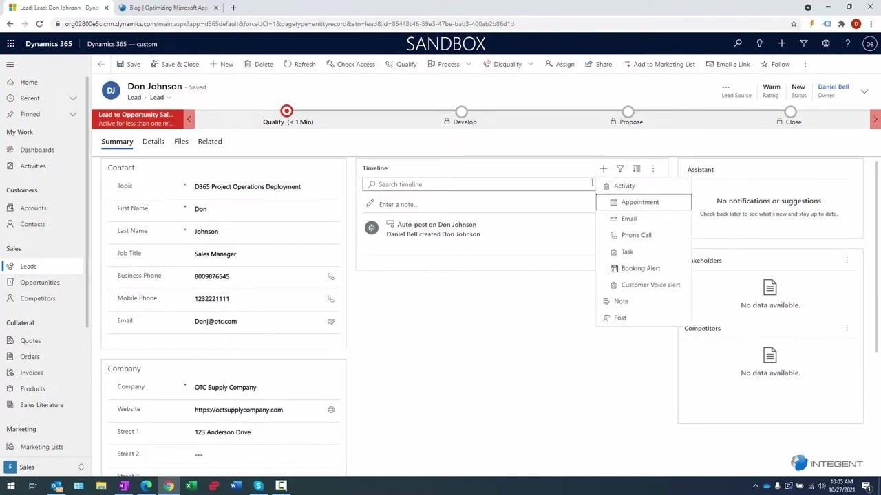 Timeline section with activity dropdown open, showing options for appointment, email, phone call, task, and more