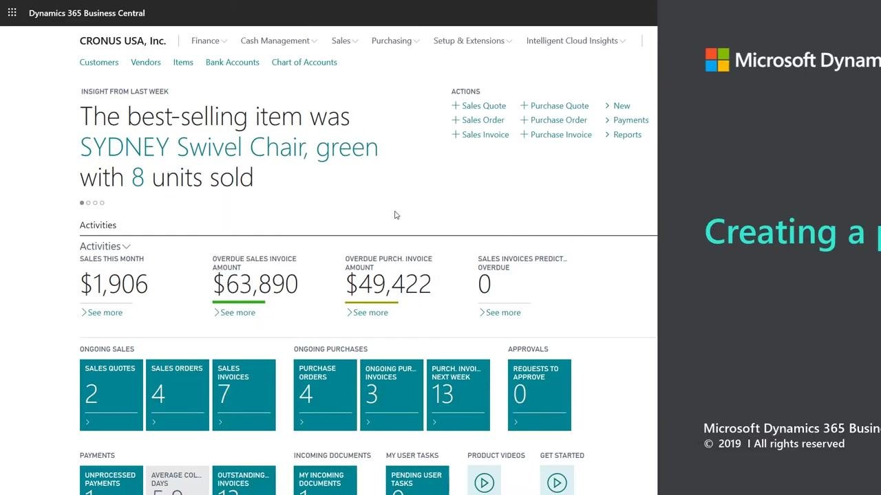 Business Central dashboard showing company information, navigation menus, activity summaries, and quick action links
