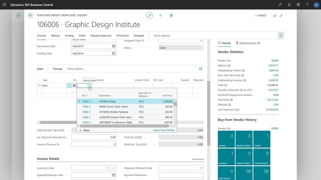 Purchase order line type dropdown open, with "Item" selected among the available options