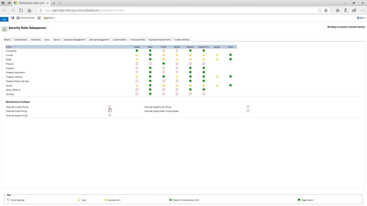 The Salesperson security role screen with the Override Invoice Pricing privilege set to Business Unit (half-yellow circle).