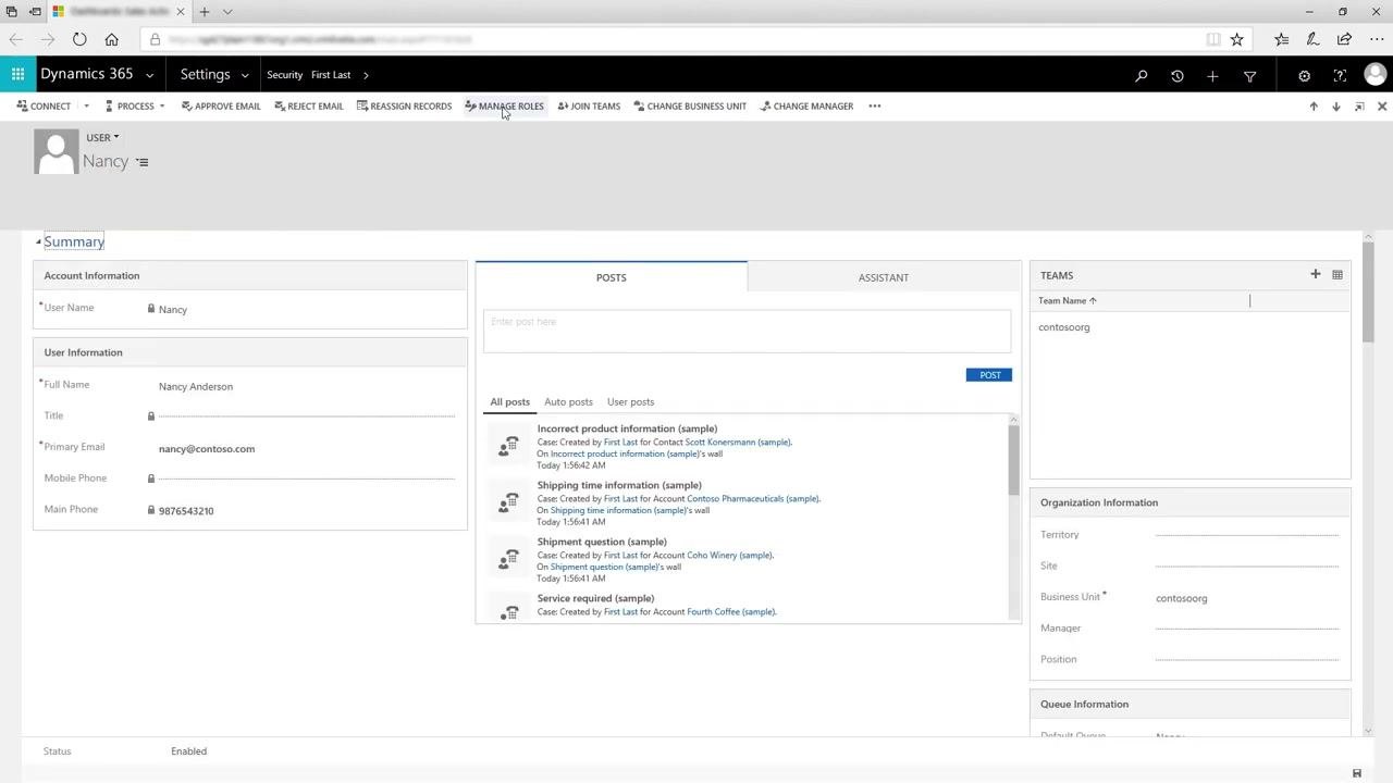 The Manage User Roles dialog box with roles selected and the OK button highlighted.