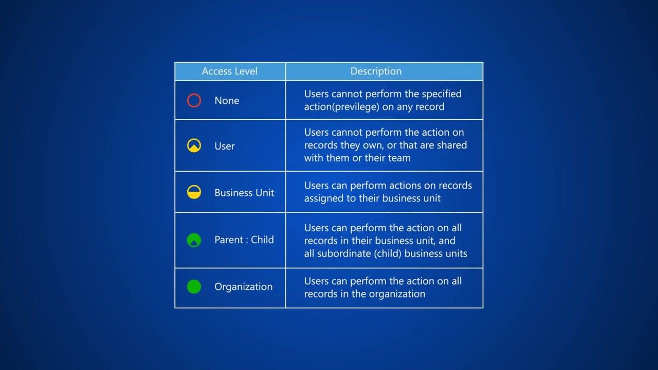 Table listing the access levels—None, User, Business Unit, Parent: Child, and Organization—with colored icons and descriptions showing the scope of record access for each.