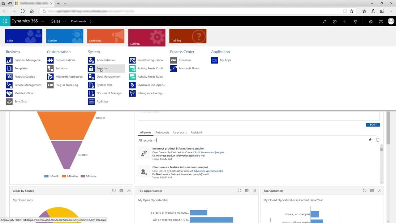 Dynamics 365 dashboard with the Settings menu expanded, highlighting the Security option under the System section.